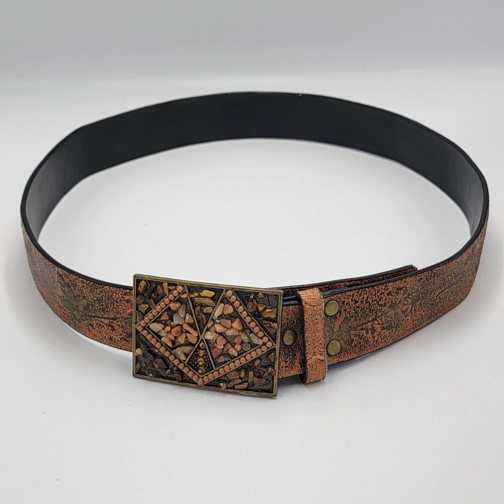 Vintage Brown Leather Boho Belt With Mosaic Stone Buckle Adjustable Size Unique